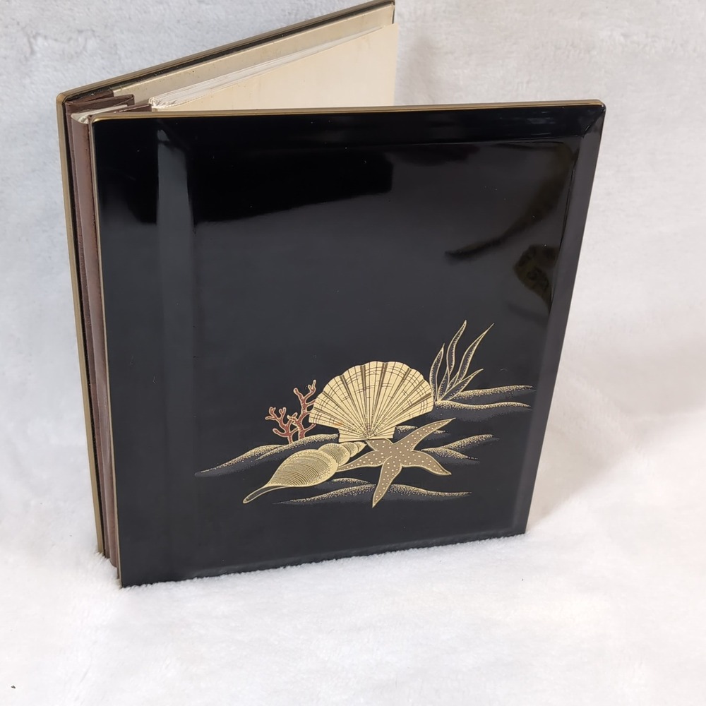 Otagiri Photo Album Black Gold Lacquerware Seashell Coastal Japan Vintage MCM 70